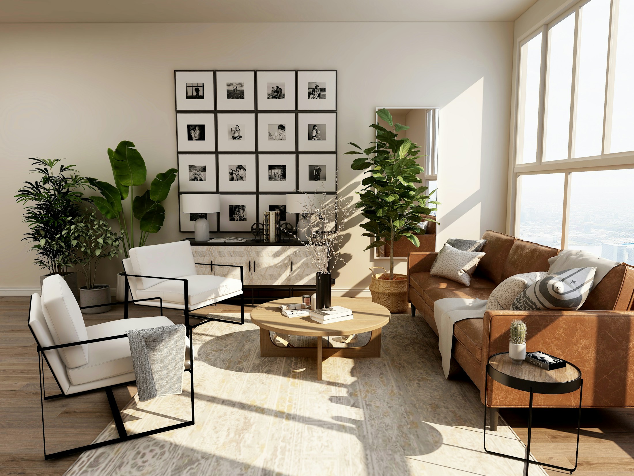 Salón moderno luminoso con tonos blancos, plantas y luz natural